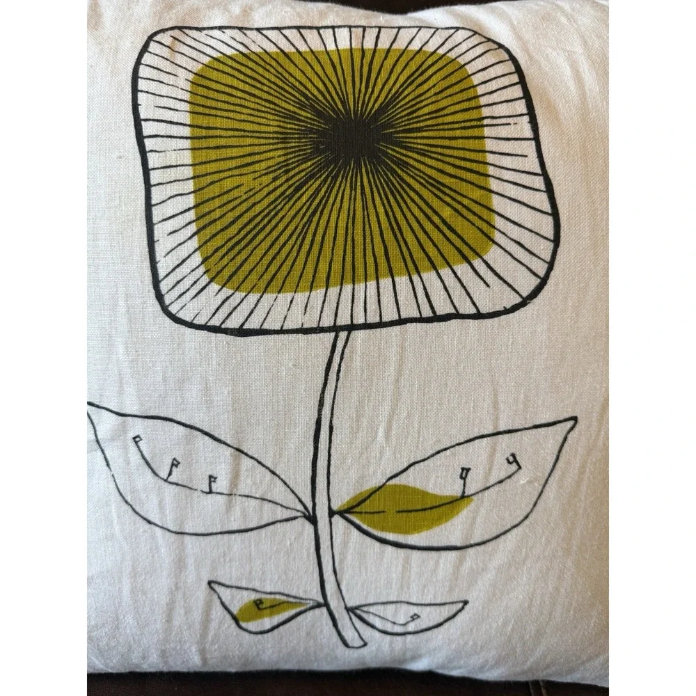 Modern Linen Floral Pillow 20x20 Mustard Yellow‎ Black Print w/ Feather Insert